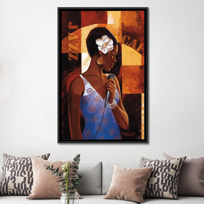 «Jazz Cafe», impression sur toile, H 26 po x l 18 po x P 1,5 po, Toile avec cadre flottant noir, Pas de tapis