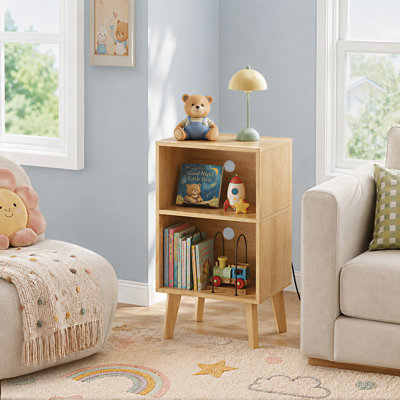 Table de bout avec rangement, table de chevet pour petit espace, table de bout pour chambre à coucher et salon, table de chevet Mid-Century avec tablette ouverte et pieds en bois robustes