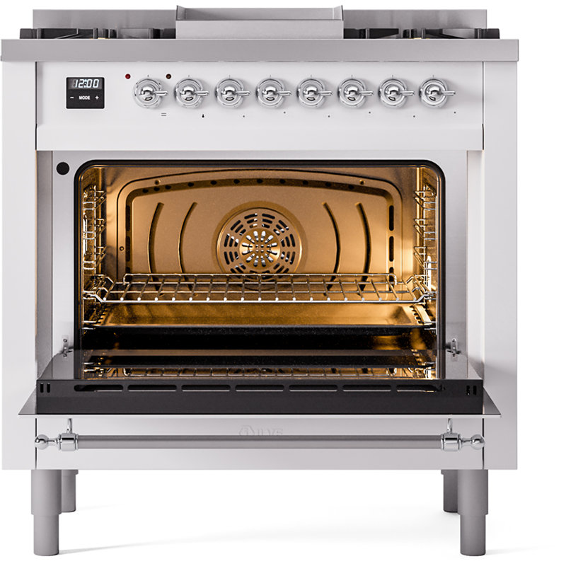 ILVE Nostalgie II 36 Dual Fuel Range, knobs, Stainless Steel/Brass, Natural Gas