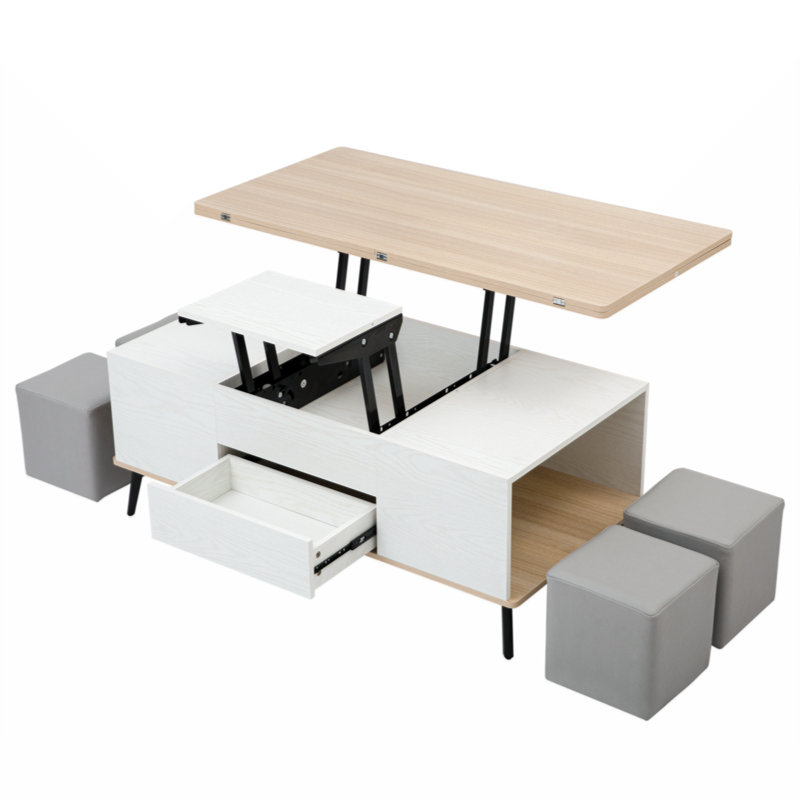 Ensemble de 5 tables basses avec rangement et repose-pieds Kanette , Bois de chêne naturel