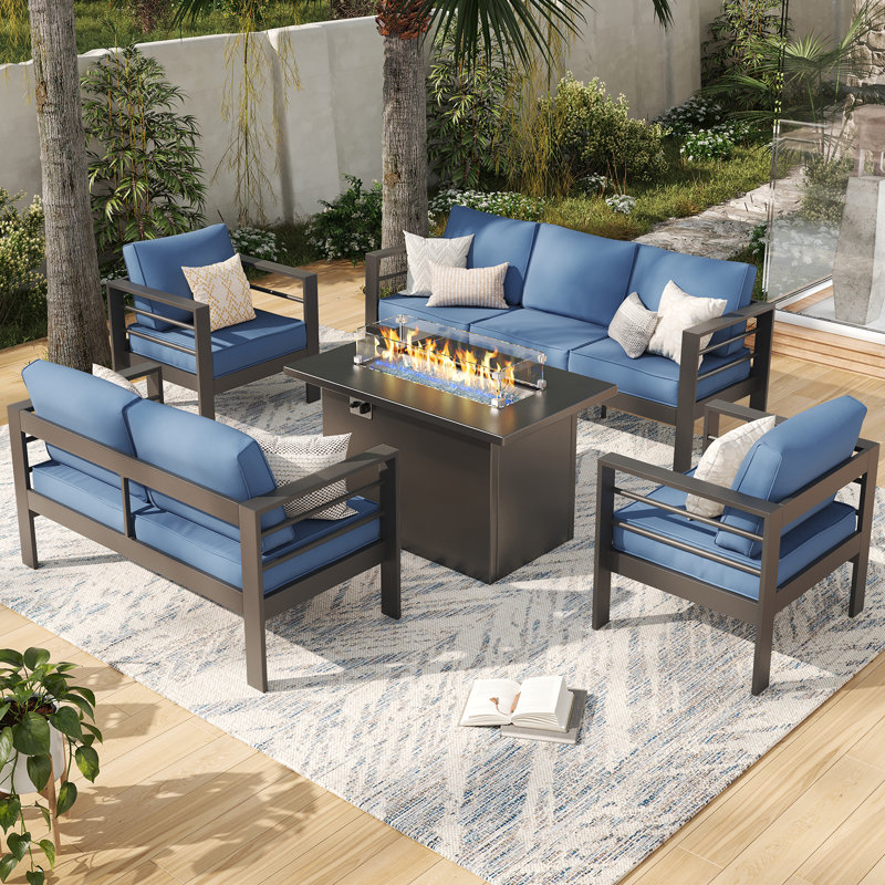 7 - Person Outdoor Seating Group With Cushions, Blue/Dark Gray