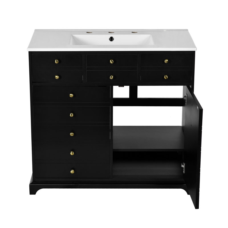 Armoire de salle de bain noire avec lavabo en céramique - structure en bois massif, 2 tiroirs généreux