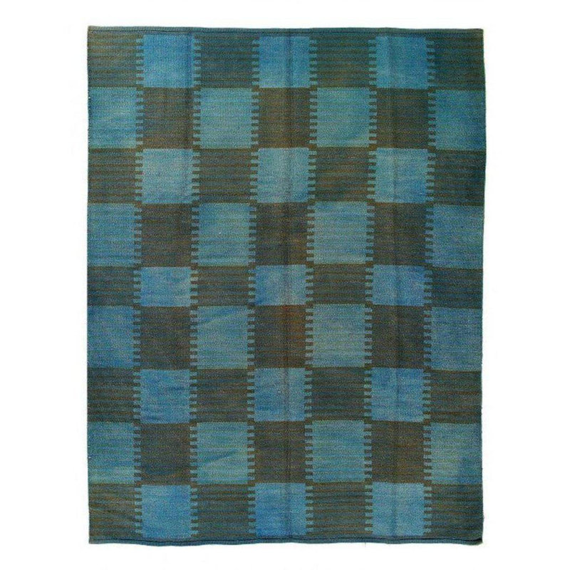 Tapis bleu / noir tissé à la main à motif de carreaux en coton / laine