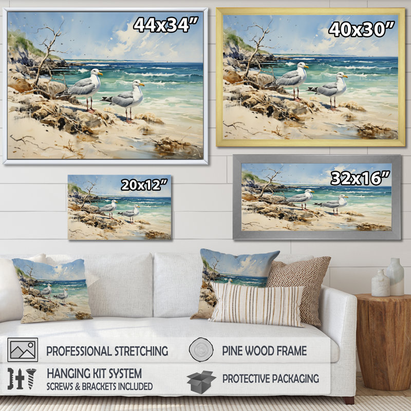 Beach Seagulls In Flight I, reproduction d'art sur toile, Cadre flottant noir, H 16 po x l 32 po x P 1 po