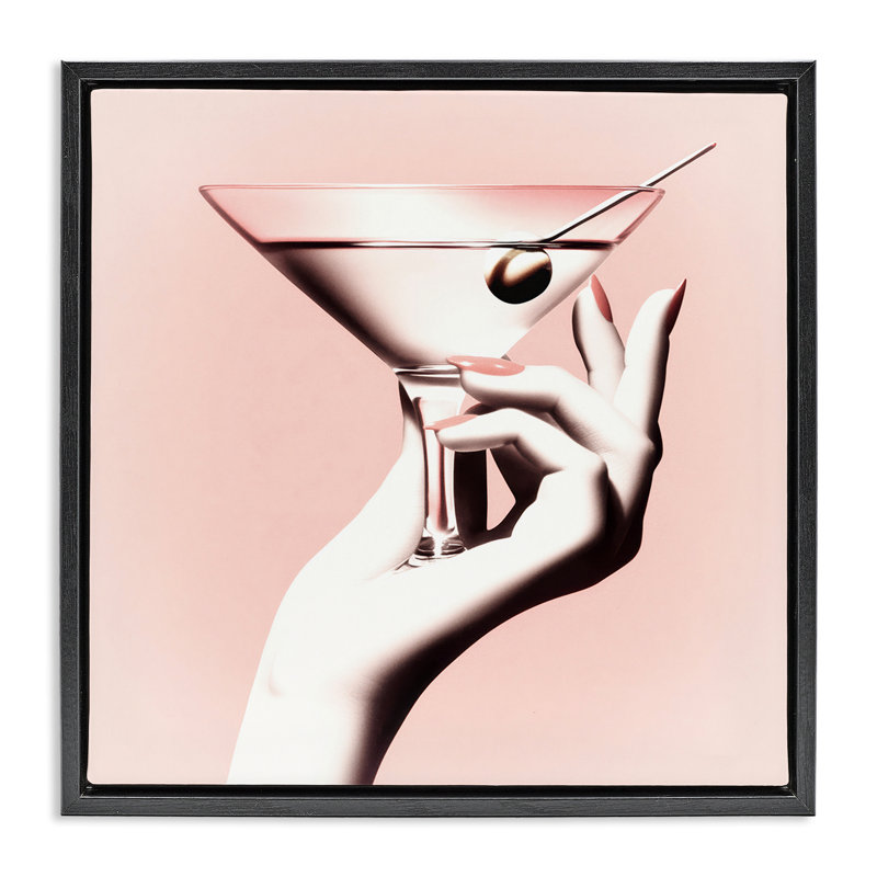 Art mural sur toile Martini Stirred Pink Floater, design par Sophie 6, Cadre flottant noir de jais, H 18 po x l 18 po