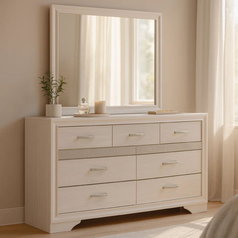 Vino Wide Dresser With Mirror, 7 Drawers, Modern White, Chrome Accent, White