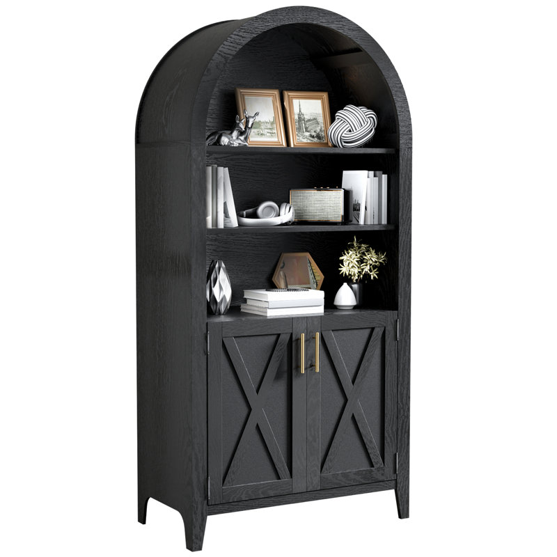 Modern Arched Bookcase Cabinet With Adjustable Shelves And Hidden Storage, Freestanding Display Cabinet With Doors For Living Room, Kitchen Or Home Office