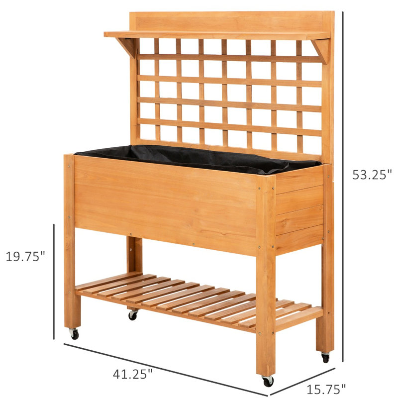 Boîte à fleurs surélevée en bois massif à 3 couches avec roues pour planter des violettes dans le patio ou la serre, rangement sur le dessus et le dessous, grille décorative pour glands, boîte de 41,5 po x l 17,75 po x H 53,25 po