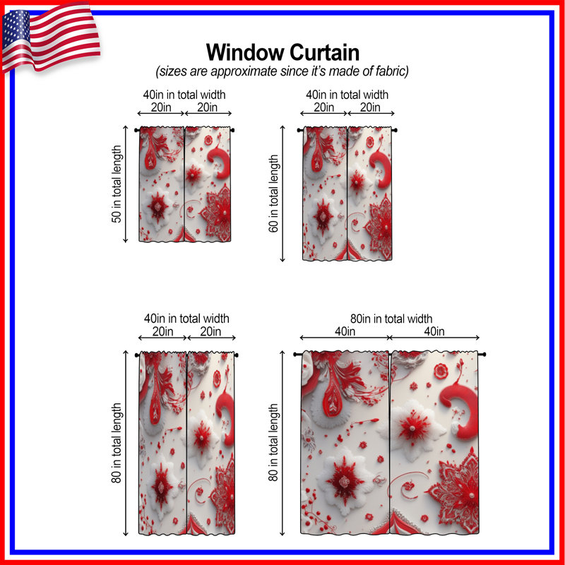 Intricate Red White Floral Window Curtains Floral Sheer & Room Darkening - 2 Panels, 40in x 60in - 2 panels, Room Darkening