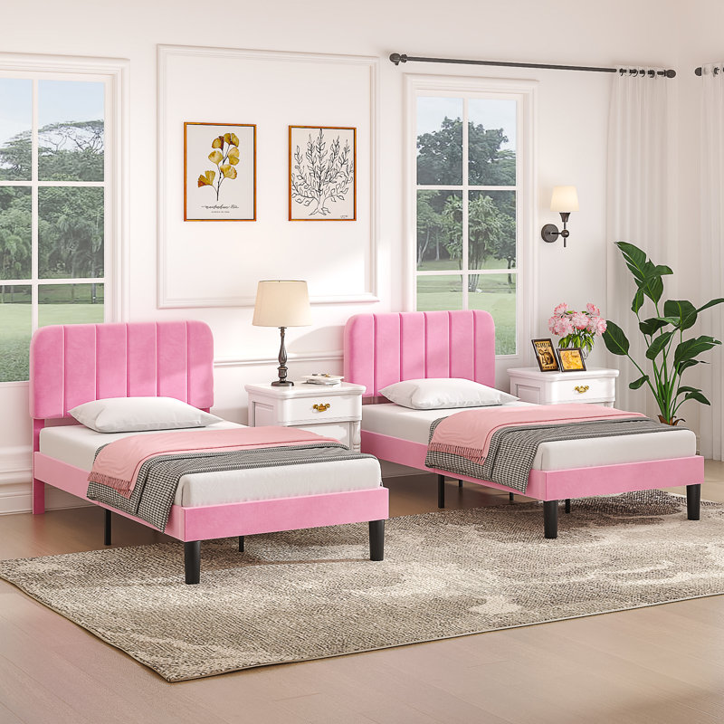Ensemble de 2 lits plateforme tapissier Bedias, Rose