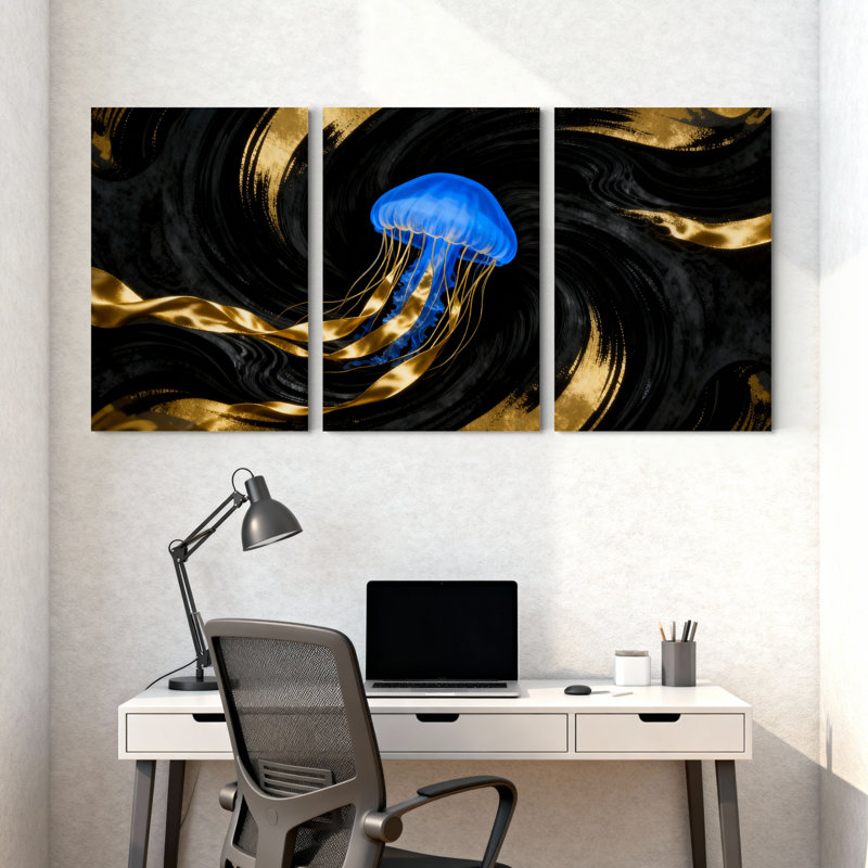 Ensemble de 3 impressions sur toile, méduse bleue sur tourbillons noirs et dorés, H 18 po x l 36 po