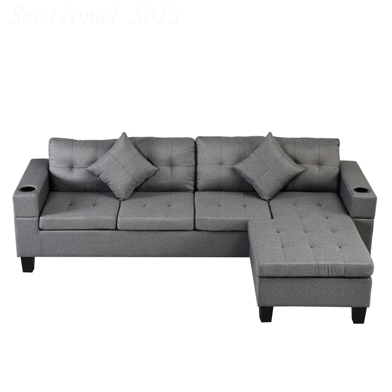 Upholstered L-Shaped Sectional Reversible, Gray Fabric