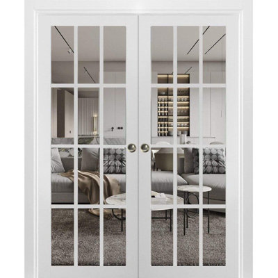 Sliding French Double Pocket Doors 12 lites Felicia 3355 White Matte with Clear Glass Kit Trims Rail Hardware Solid Wood Interior Bedroom Sturdy Doors -60" x 80" (2* 30x80)