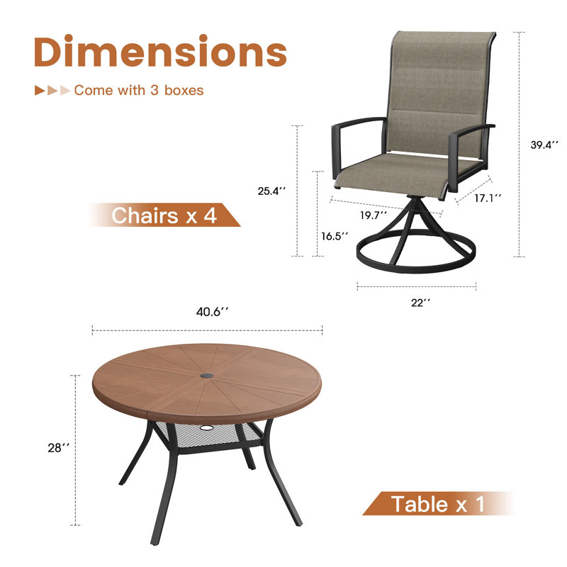Aluminum Patio Dining Set with 4-person Round Dining Table and 4 Swivel PVC-coated polyester  Padded Dining Chairs