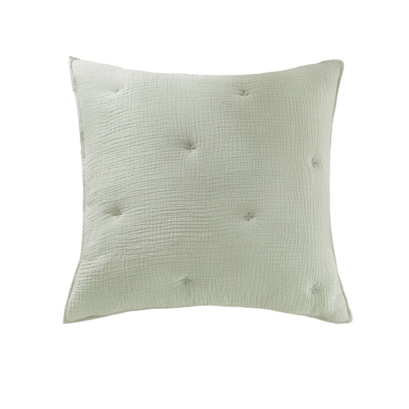 Cotton Muslin Euro Sham Cover With Embroidered Tacking, Textured Quilted Square Pillow Sham, Green