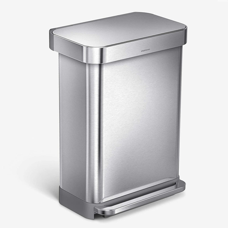 Simplehuman Rectangular Pedal Step-On Steel Bin with Liner Pocket, 55L, Brushed Steel