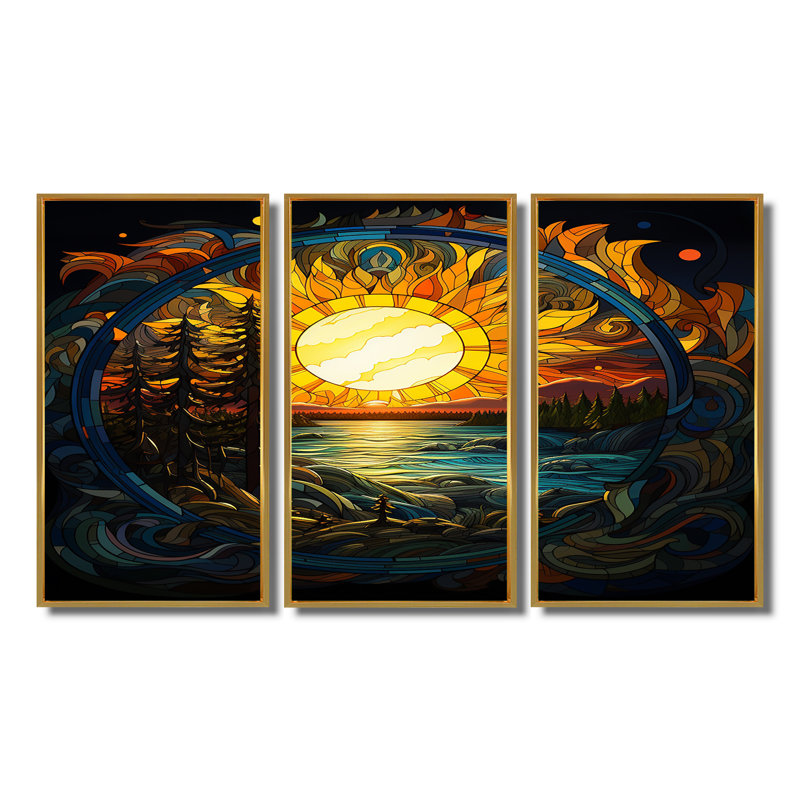 Vibrant soleil jaune au-dessus de Forest Lake - rivière, ensemble d'art mural, Cadre flottant doré