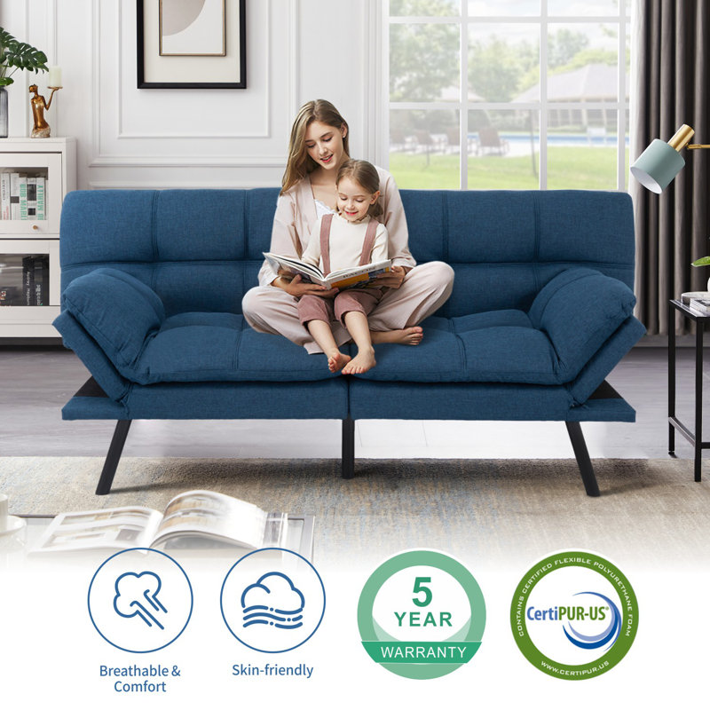 Gurlal Twin 71'' Upholstered Convertible Sofa, Blue Linen