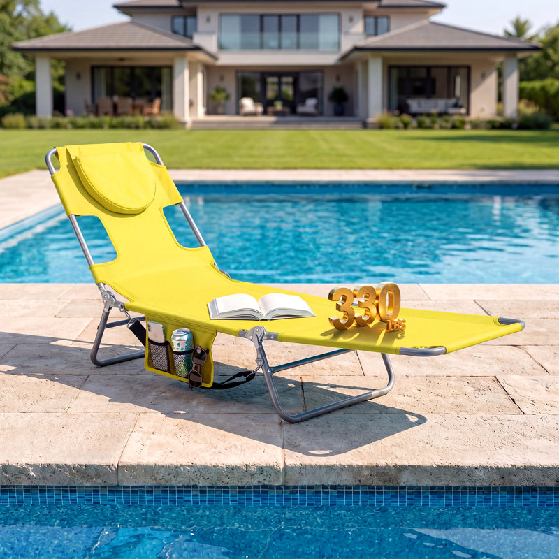 Fauteuil de bronzage de patio, chaise longue de plage pliante avec dossier réglable à 5 positions jaune, Yellow