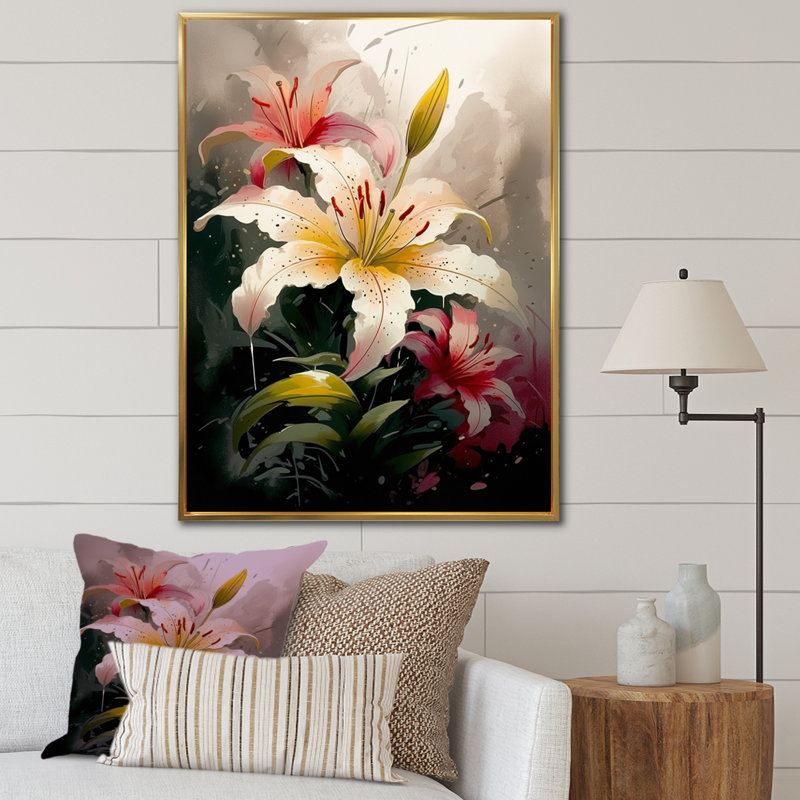 «Cream Artful Lilies I», reproduction sur toile, H 20 po x l 12 po x P 1 po, Cadre flottant doré