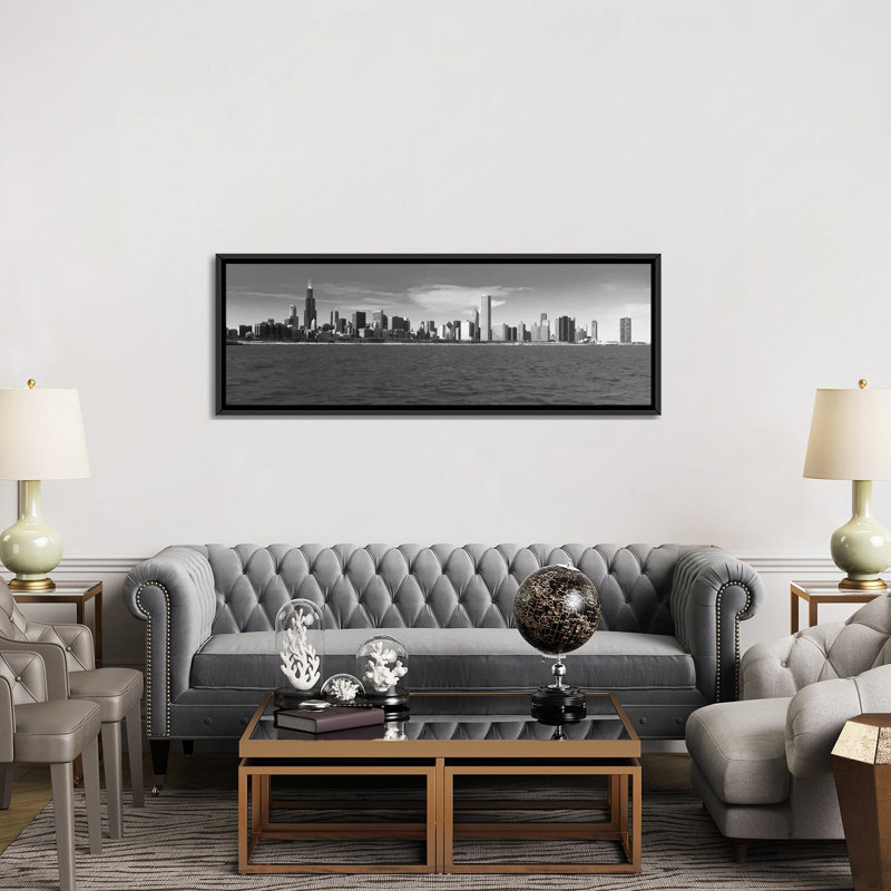 «Chicago Skyline Cityscape», impression sur toile, H 12 po x l 36 po x P 1,5 po, Cadre noir