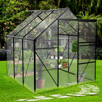 Serre en polycarbonate noir 1,8 x 1,8 m - Toit ajustable, porte coulissante, structure antirouille, construction robuste, drainage optimisé, toit