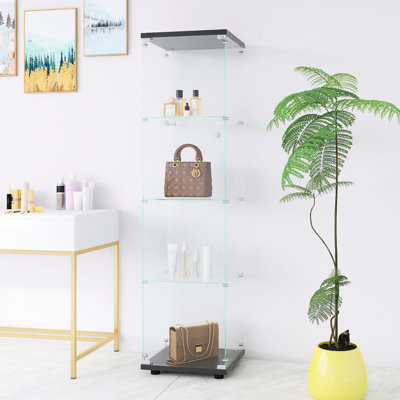 64,7 po x 16,7 po x 14,3 po avec tablette en verre noir avec 4 tablettes et une porte pour armoire de bureau, 64,7 po x 16,7 po x 14,3 po