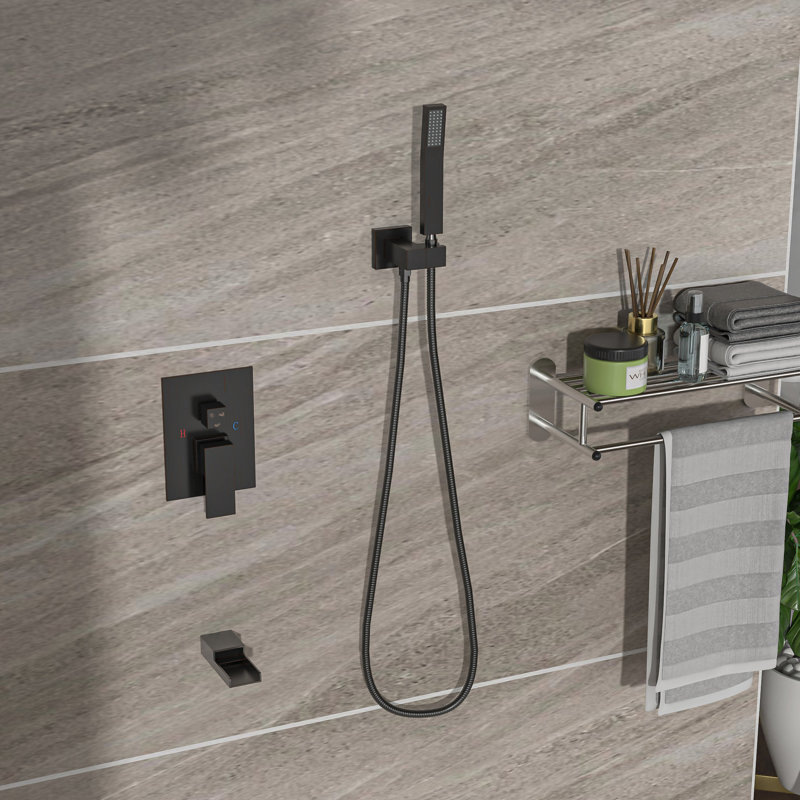 16 Inch Shower With Waterfall Tub Spout & Easy Installation - Oil Rubber Ceiling Mounted Three-valve Diverter, Oil-Rubbed