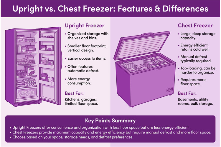 Upright freezer vs chest freezer infographic showing an upright hinge door freezer with open door and a top hinge chest freezer with open cover comparing vertical organized storage with deep-capacity chest freezers for bulk food storage