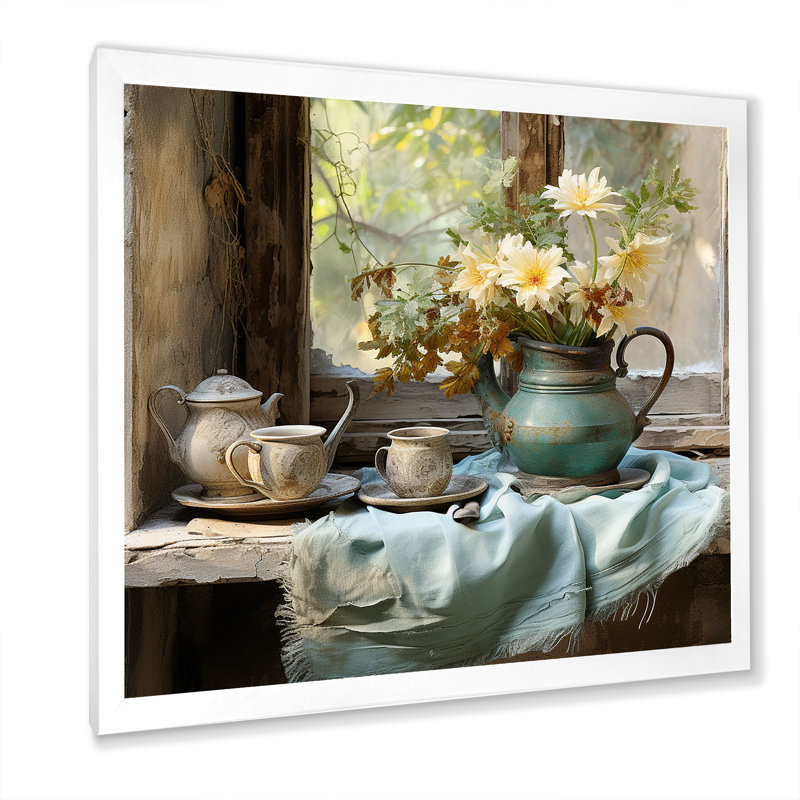 Charme de fenêtre floral jaune et vert antique - art mural fenêtres de ferme, Cadre simple blanc, H 16 po x l 16 po x P 1 po