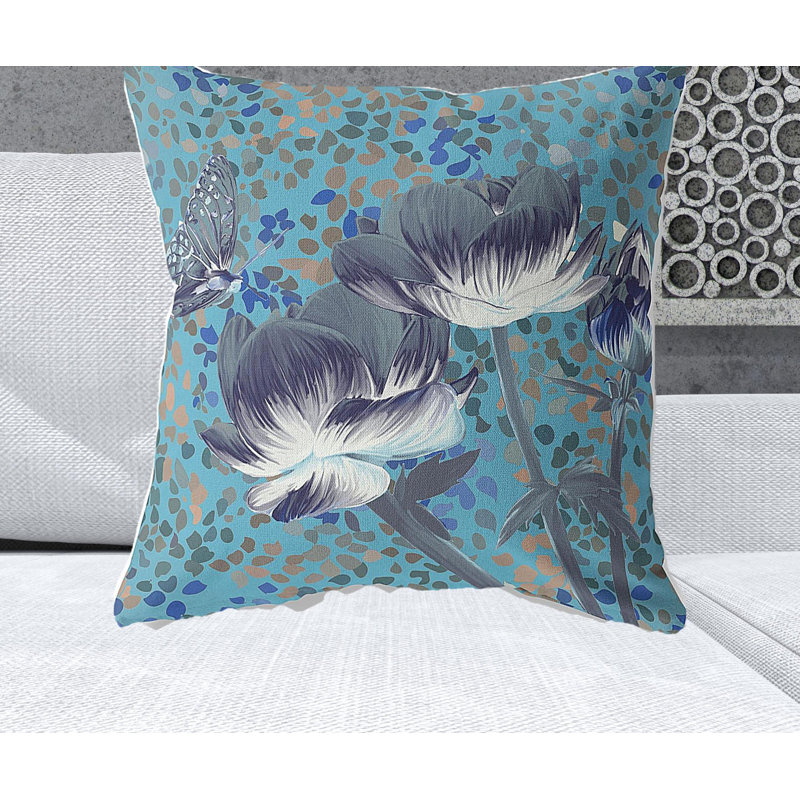 Coussin décoratif intérieur floral 26 "X 26" Indigo, Motif floral bleu / vert