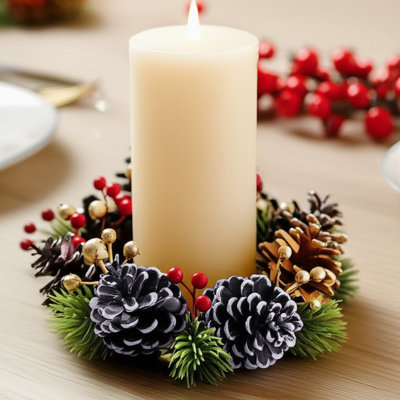 Christmas Candlestick Wreath White And Red Pines Cones Pines Branches Green Plant Decoration Suitable For Candle Centerpiece