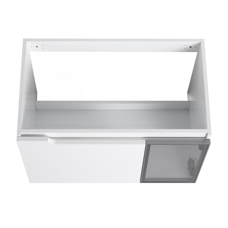 Meuble-lavabo mural de 30 po avec portes à fermeture en douceur, finition blanc brillant et demi-porte en verre gris, fabrication en contreplaqué durable