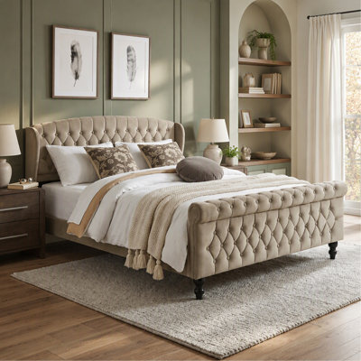 Modern Upholstered Platform Bed Soft Tufted Wingback Headboard Chesterfield Footboard Bedroom Furniture 1pc
