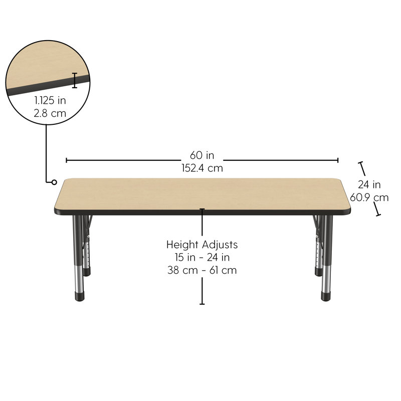 Table d'activité rectangulaire à hauteur réglable en forme de T, 24 po x 60 po, Érable / noir, Épais