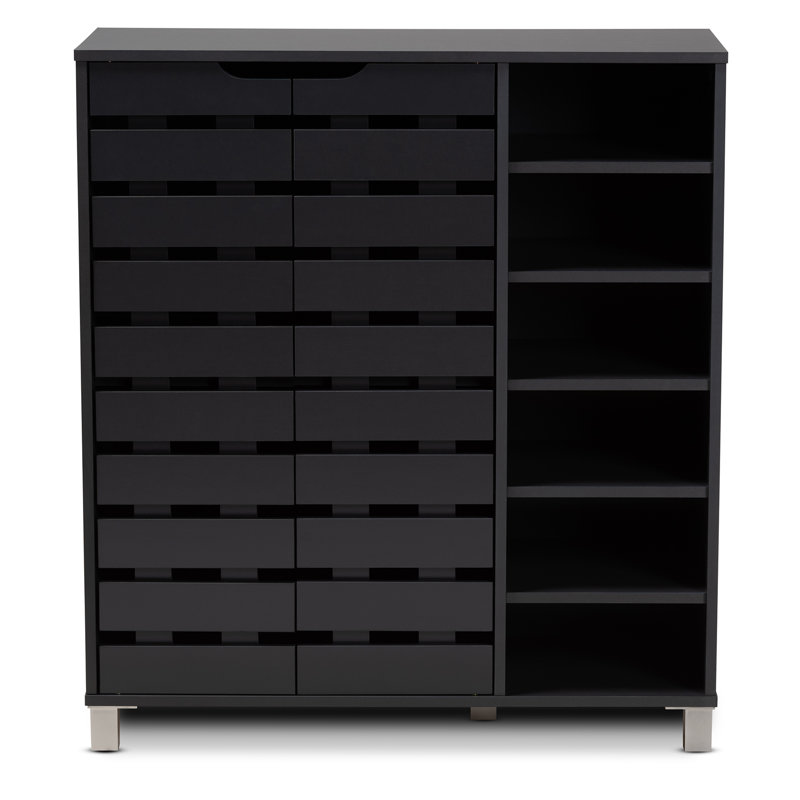 Modern and Contemporary  2 Door Wood 24 Pair Shoe Storage Cabinet with Open Shelves