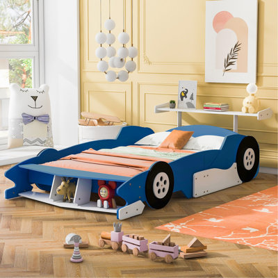 Lit plateforme double en forme de voiture de course avec roues, bleu