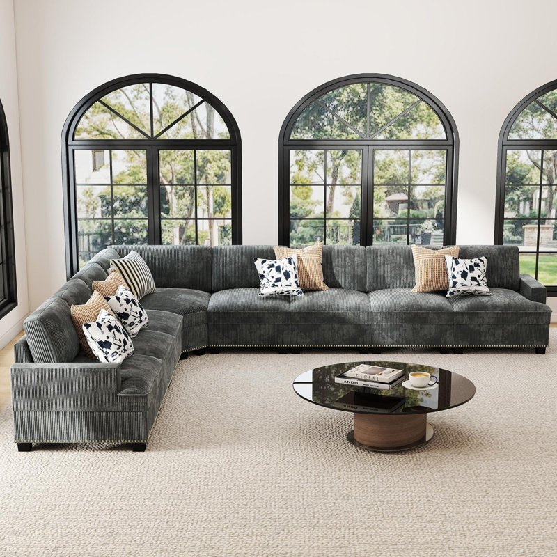 Spacious 10-Piece U-Shaped Corduroy Nailhead-Trimmed Sectional Sofa, Cloud Couch With Ottoman
