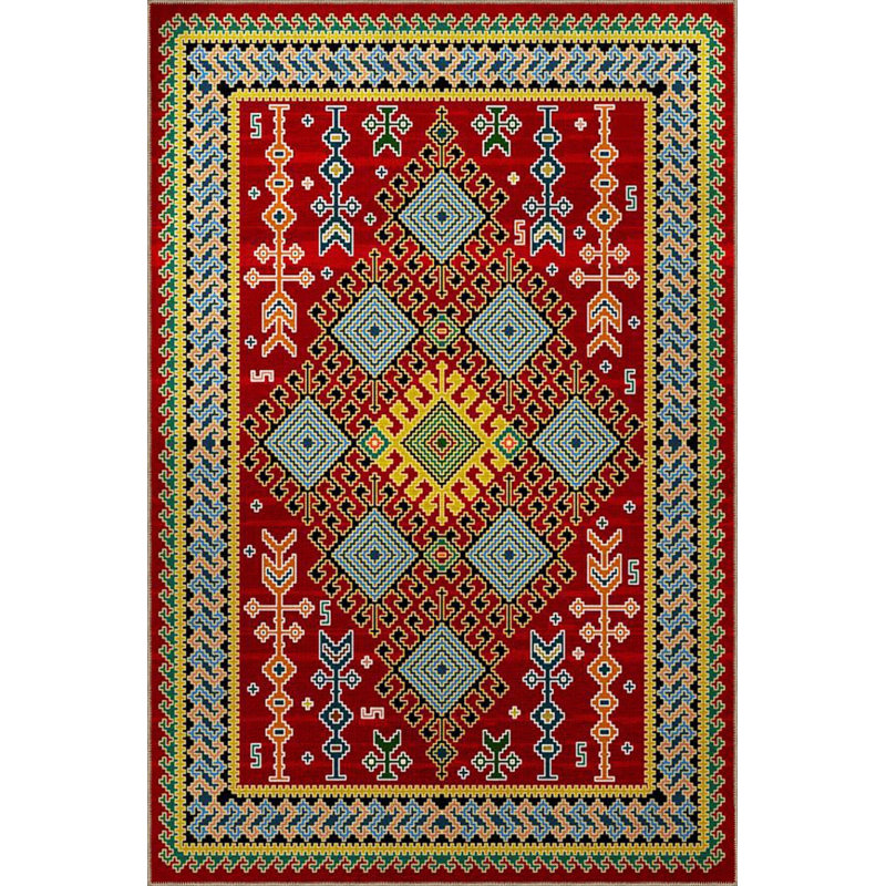 Tapis décoratif tissé à motif de losanges rouge traditionnel lavable à la machine, Sous-tapis carré 3 pi 3 po inclus