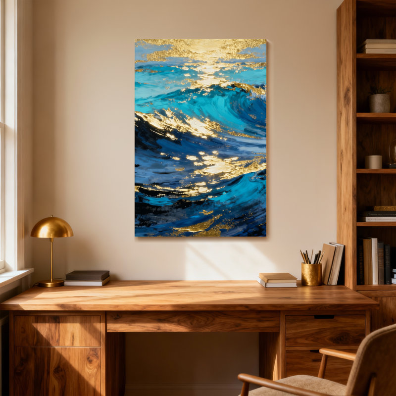 Paysage et nature vagues de l'océan avec des reflets dorés, H 48 po x l 32 po
