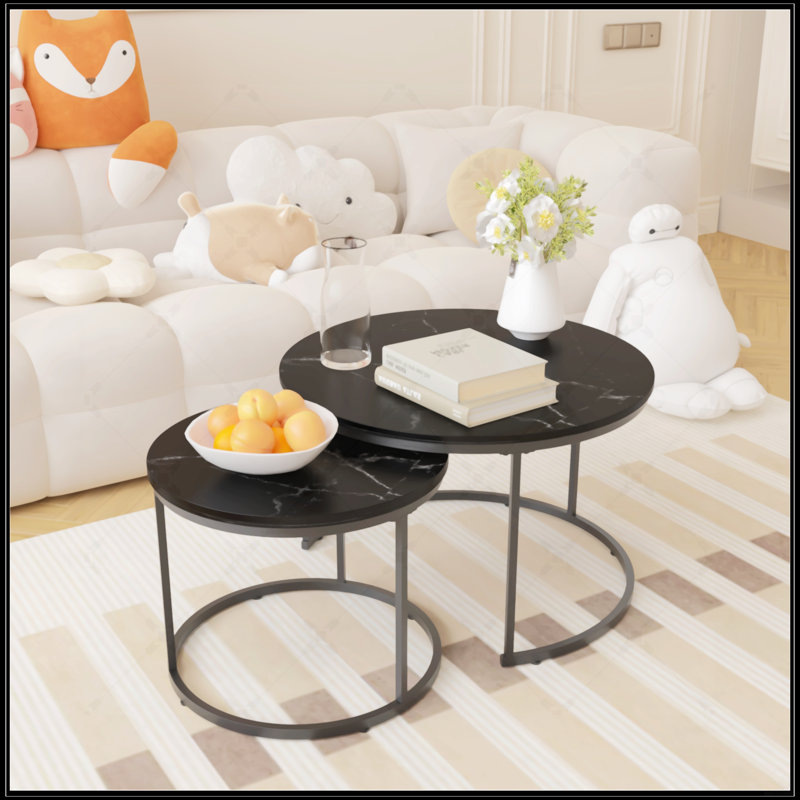 Ensemble de 2 tables basses gigognes, Noir, Marbre