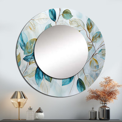 «Green Leaves Charm», art décoratif en métal imprimé - feuilles, miroir mural rond vert