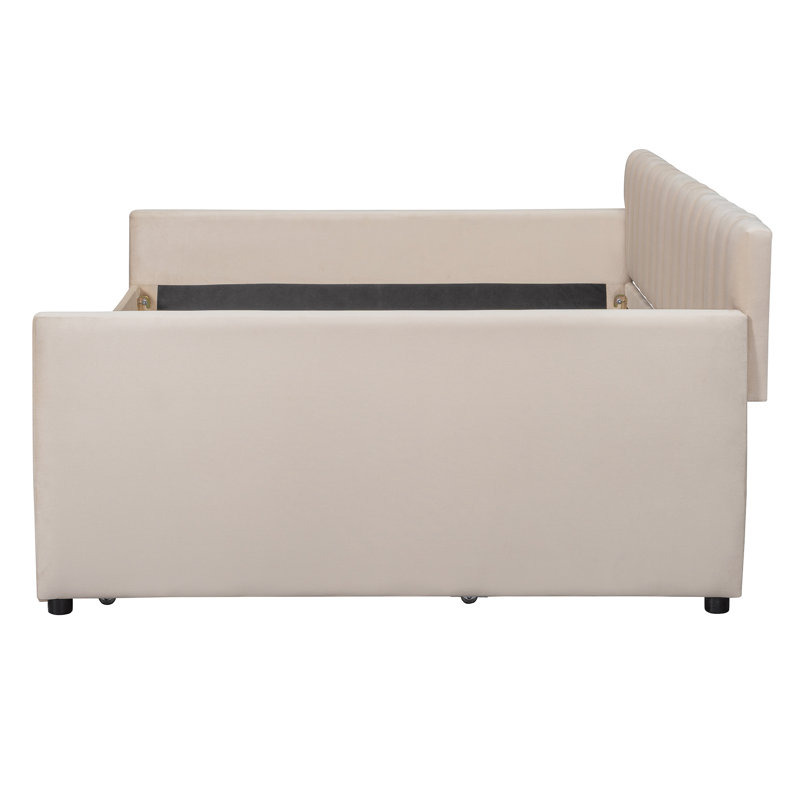 Lit de jour double rembourré avec support pour lit gigogne et lattes de bois, beige, Beige