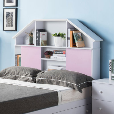 Tête de lit bibliothèque pleine grandeur avec rangements ouverts et fermés, deux portes coulissantes roses, sept étagères, fini blanc - Résistante aux rayures - Modèle autoportant en faux bois estampé