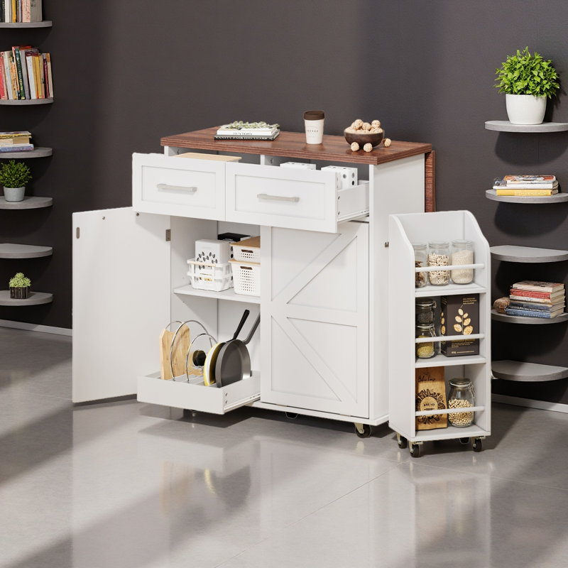 47.2" Farmhouse Kitchen Island With Drop Leaf, Kitchen Storage Island With Removable Side Racks, Two Drawers, Rolling Kitchen Cart On Wheels With Towel Rack