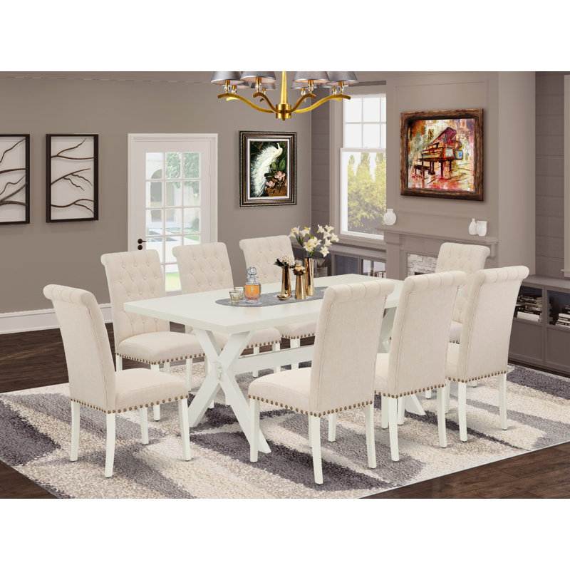 Ensemble de mobilier de salle à manger 9 pièces comprenant une table de salle à manger rectangulaire avec pieds en X et 8 chaises rembourrées en tissu beige clair, lin blanc