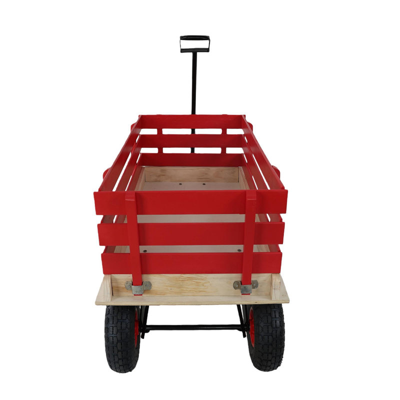Chariot de chariot rouge en bois avec poignée pliante, chariot tout-terrain robuste pour enfants, pour l'extérieur, le jardin, le camping et la plage - chariot utilitaire à tirer classique