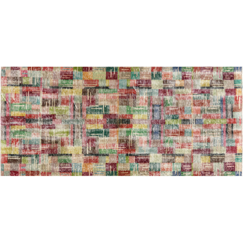 Tapis de couloir unique en laine noué à la main de style années 1960 de 4 pi 9 po x 10 pi 4 po en brun / beige / jaune / vert