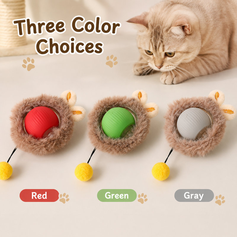 Boule de chat interactive avec anneau de lapin en peluche - Jouet intelligent à roulement automatique de 2,36 po, 3 modes, activé par le mouvement, rechargeable 300 mAh, pour les chats d'intérieur (rouge, vert, gris)