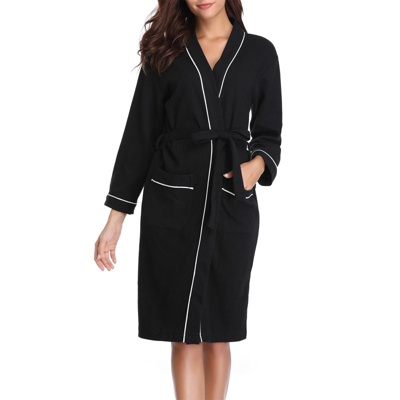 Robart Waffle Above Knee Bathrobe, XL, Black